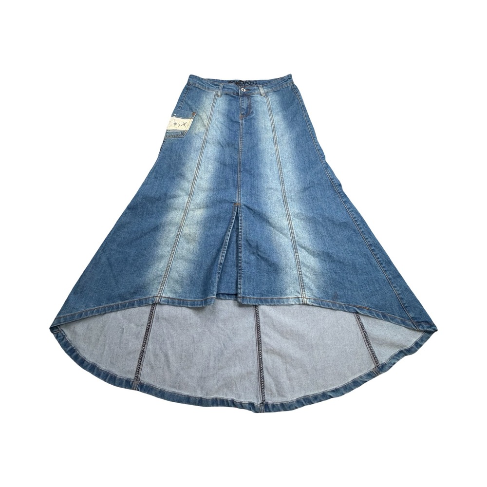 Ecko Red Denim Skirt Women 5/6 Blue High Low Maxi Paneled Y2K Lace Pocket Detail